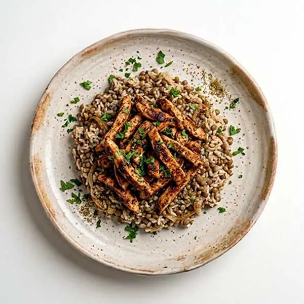 Cinnamon-Smoked Chicken over Lentil Mujadara Rice